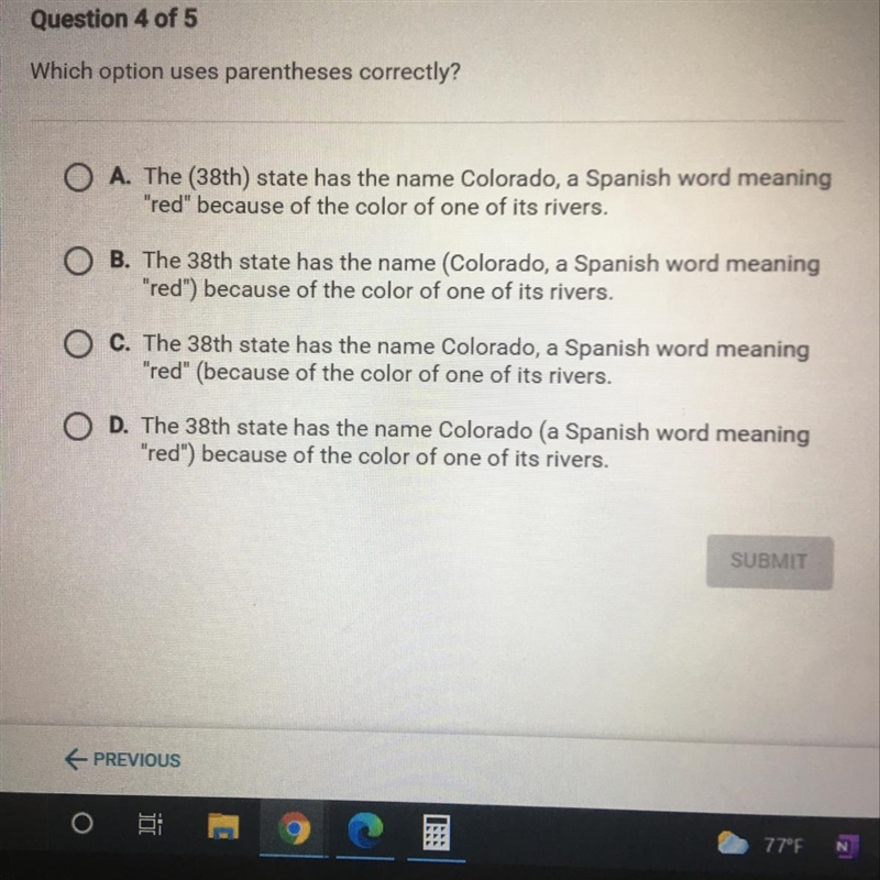 HELP QUICK Which option uses parentheses correctly?-example-1