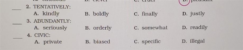 DIRECTIONS: Circle the letter of the word that is most nearly opposite in meaning-example-1