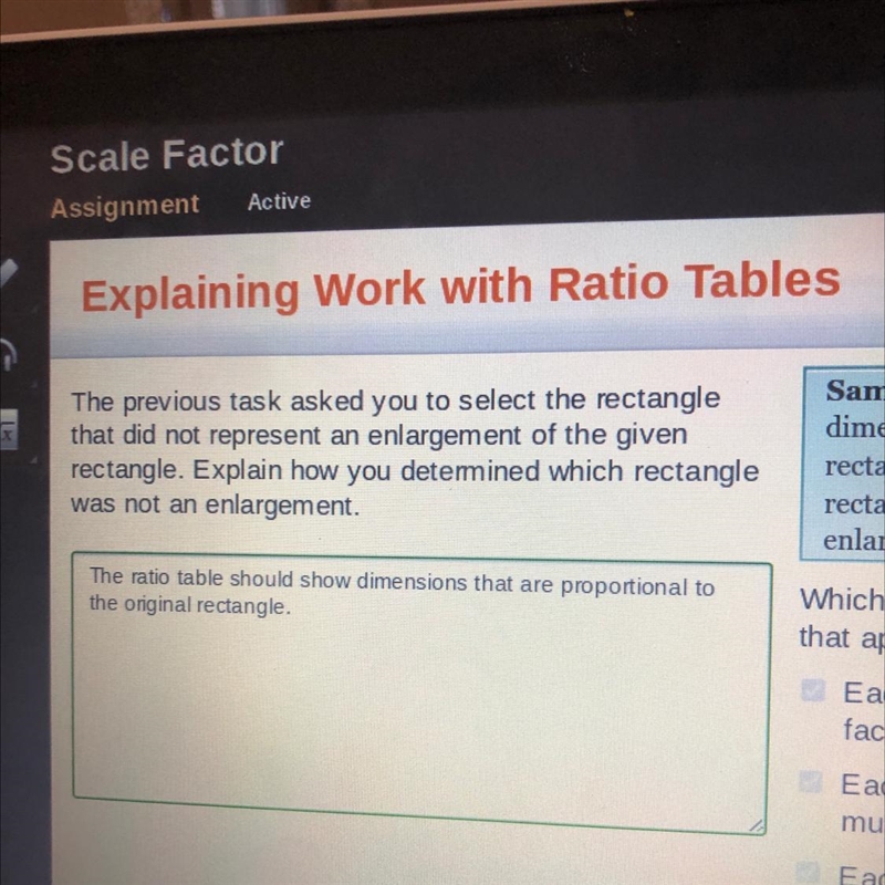 The previous task asked you to select the rectangle that did not represent an enlargement-example-1