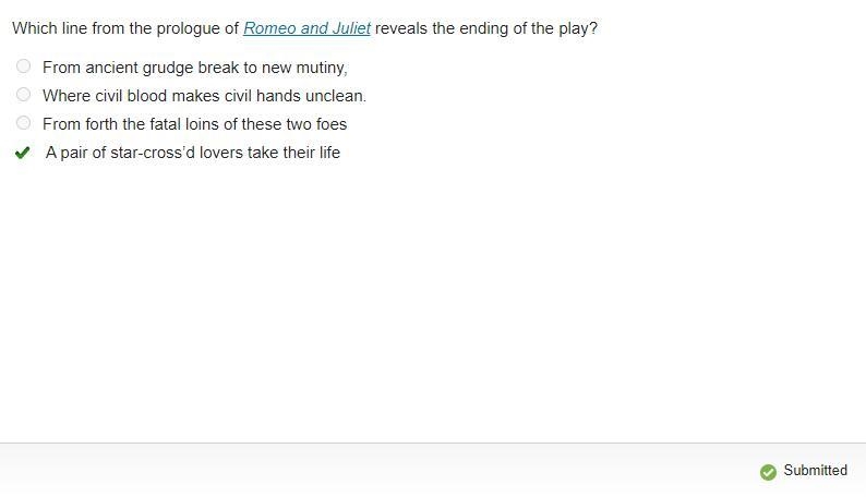 Which line from the prologue of Romeo and Juliet reveals the ending of the play? From-example-1