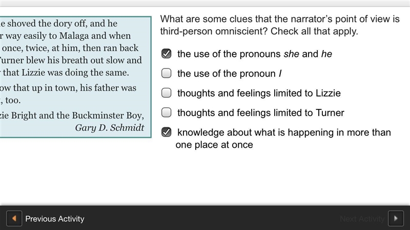 What are some clues that the narrator’s point of view is third-person omniscient? Check-example-1