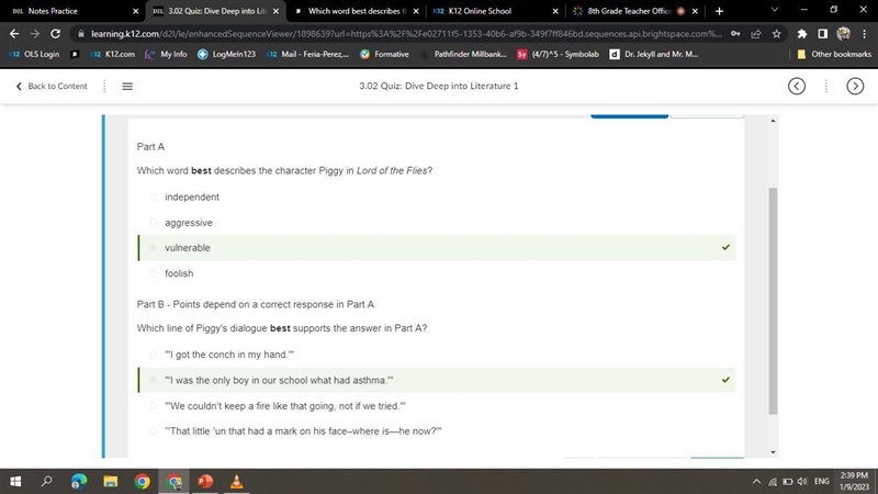 Which word best describes the character Piggy in Lord of the Flies? independent foolish-example-1