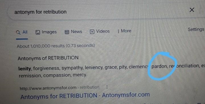 An antonym of retribution is a) revenge. b) reprisal. c) pardon. d) inhibition.​-example-1