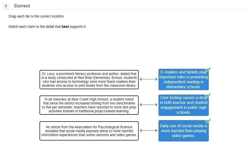 Drag each tile to the correct location. Match each claim to the detail that best supports-example-1
