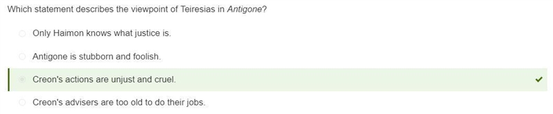 Which statement describes the viewpoint of Teiresias in Antigone? Creon's actions-example-1