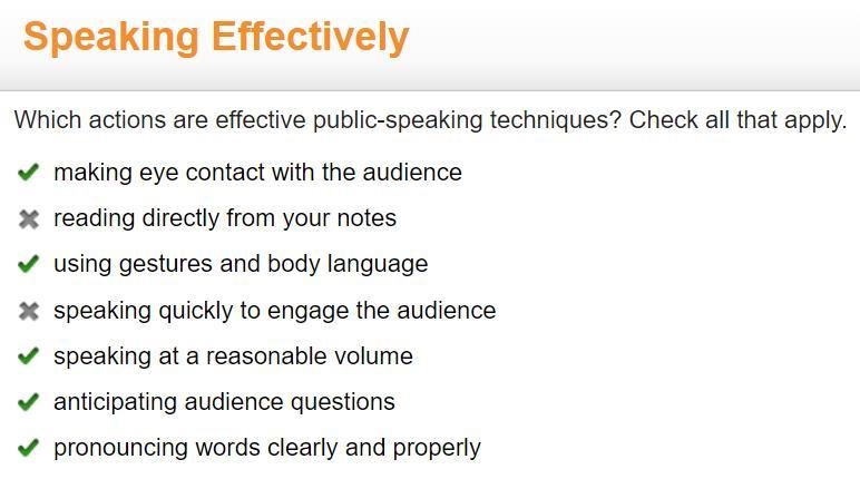 Which actions are effective public-speaking techniques? Check all that apply. making-example-1