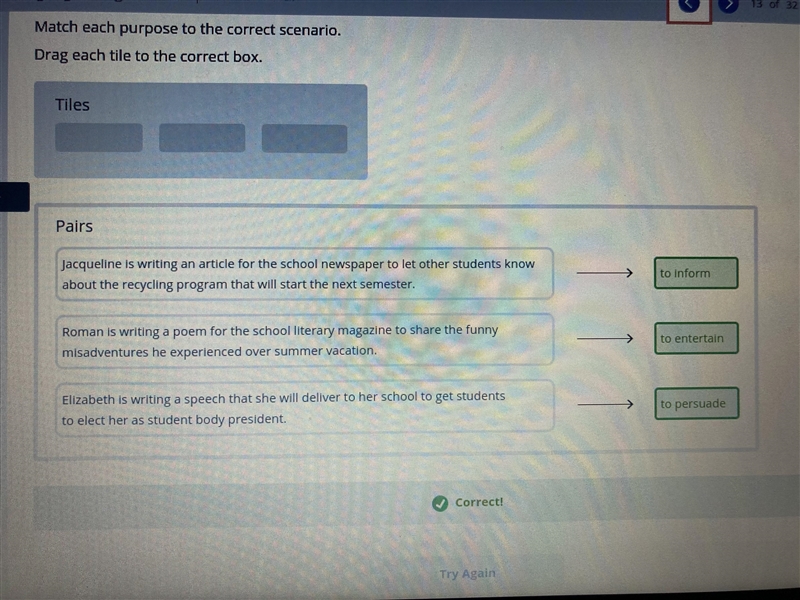 Drag each tile to the correct box. Tiles to persuade to inform to entertainPairsJacqueline-example-1