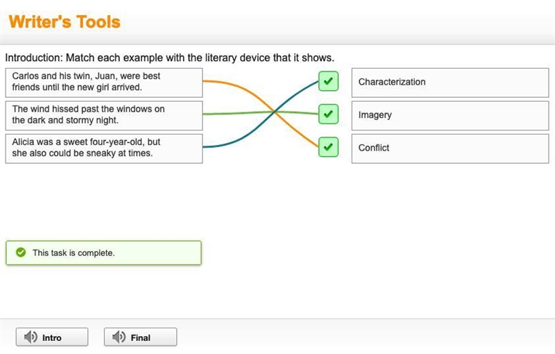 Introduction: Match each example with the literary device that it shows Alicia was-example-1