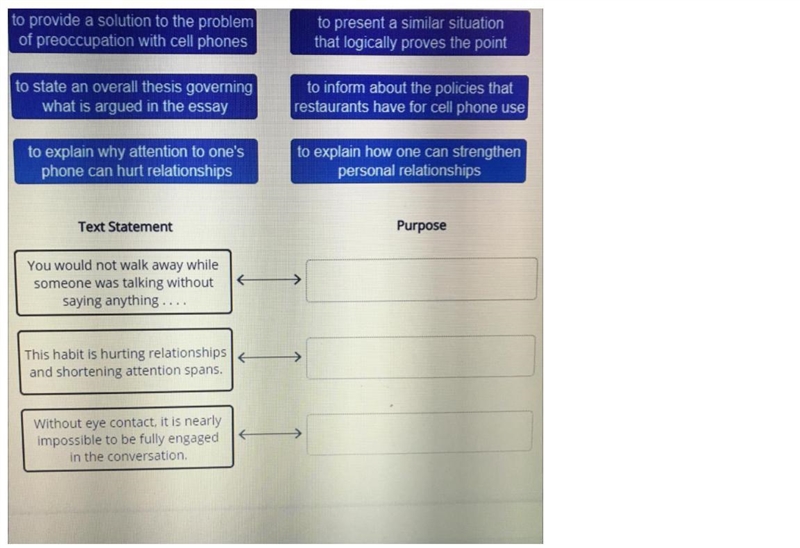 Match the purpose of each statement from the text to the text statement itself. This-example-1