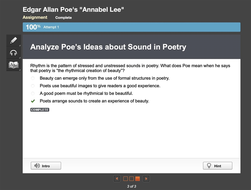 Rhythm is the pattern of stressed and unstressed sounds in poetry. What does Poe mean-example-1