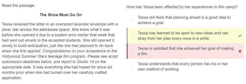 How has Tessa been affected by her experiences in film camp? Please help thank you-example-1