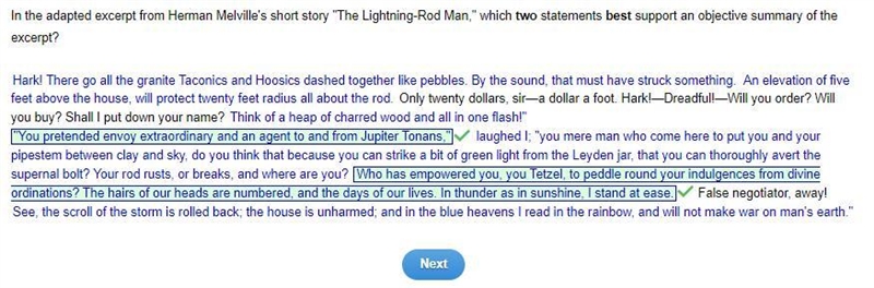 Select the correct texts in the passage. In the adapted excerpt from Herman Melville-example-1