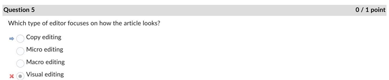 HELP QUICK Which type of editor focuses on how the article looks? Copy editing Micro-example-1