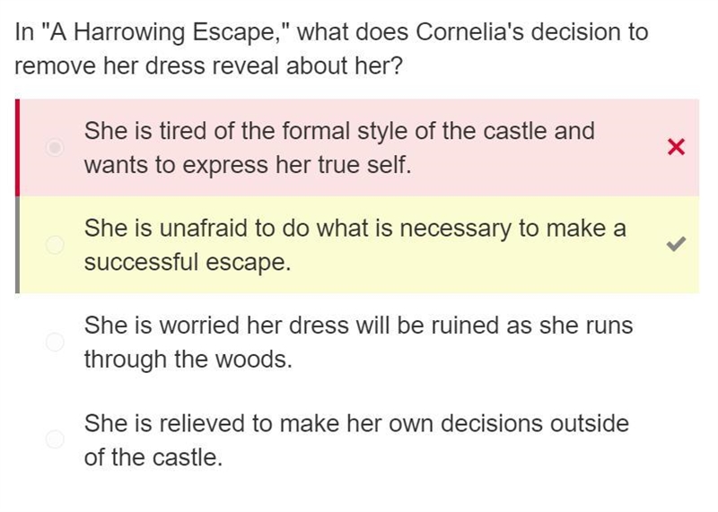 In "A Harrowing Escape," what does Cornelia's decision to remove her dress-example-1