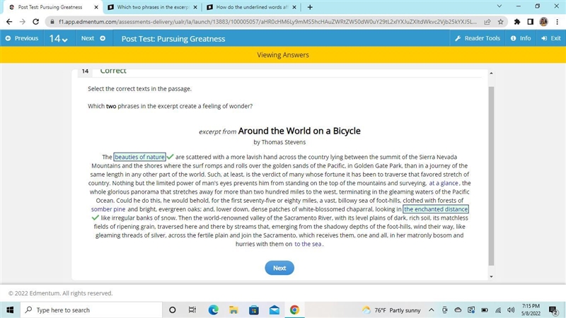 Which two phrases in the excerpt create a feeling of wonder? excerpt from Around the-example-1