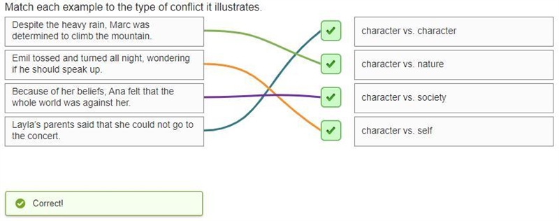 Match each example to the type of conflict it illustrates. Emil tossed and turned-example-1