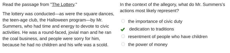 In the context of the allegory, what do Mr. Summers's actions most likely represent-example-1