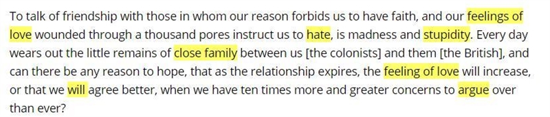 Read the excerpt from Common Sense, by Thomas Paine. “To talk of friendship with those-example-1