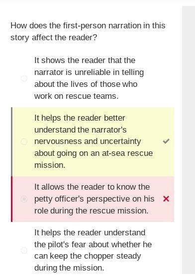 How does the first-person narration in this story affect the reader? (A) It shows-example-1