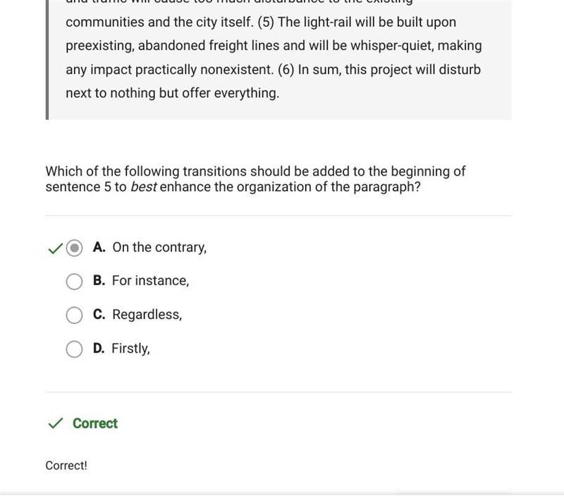 Which of the following transitions should be added to the beginning of sentence 5 to-example-1