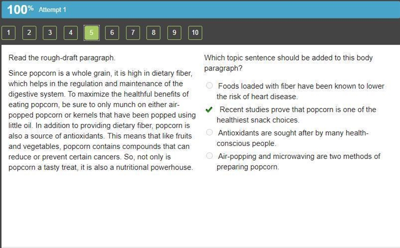 Read the rough-draft paragraph. Since popcorn is a whole grain, it is high in dietary-example-1