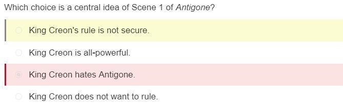 Which choice is a central idea of scene 1 of Antigone? A) King Creon is all-powerful-example-1