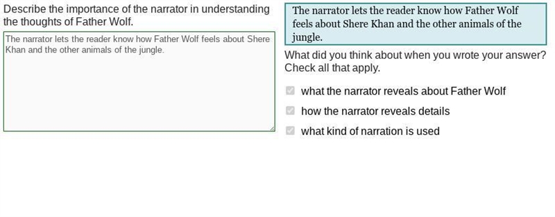 Describe the importance of the narrator in understanding the thoughts of Father Wolf-example-1