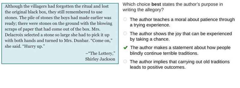 Which choice best states the author's purpose in writing the allegory?-example-1