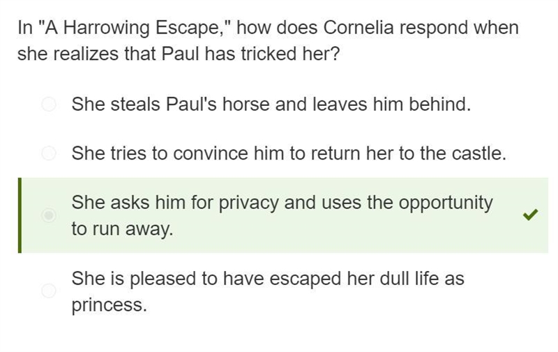 In "A Harrowing Escape," how does Cornelia respond when she realizes that-example-1