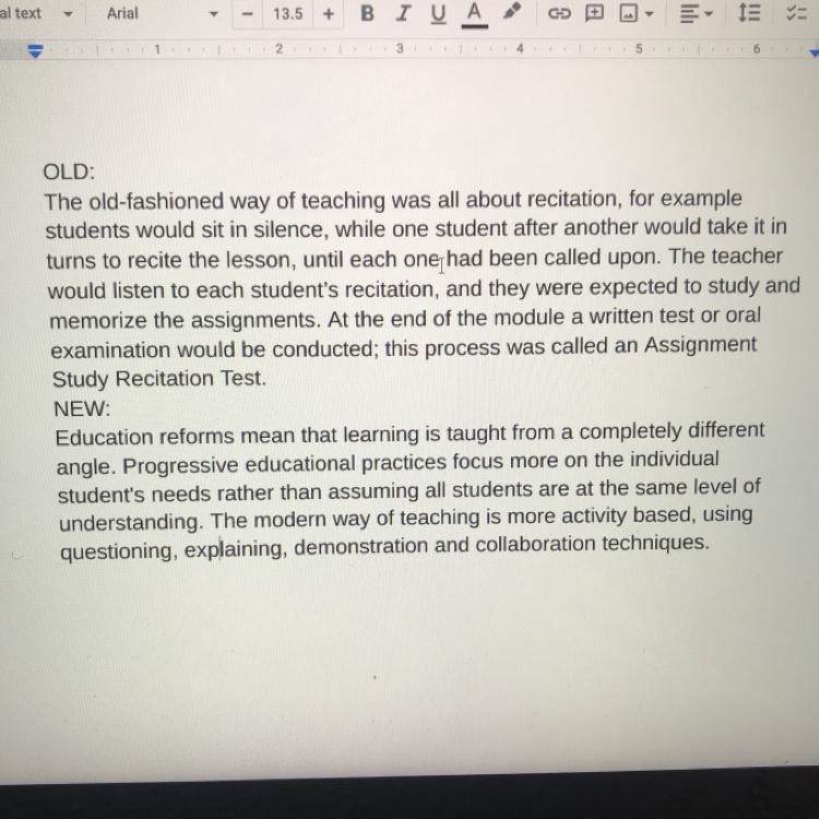 Write a five-sentence paragraph comparing the old and the new mode of teaching-example-1