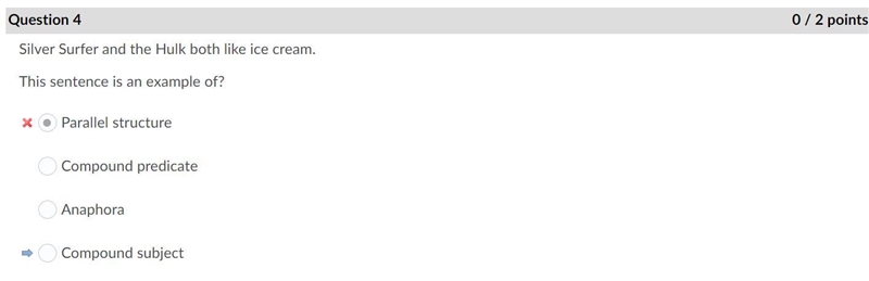 Silver Surfer and the Hulk both like ice cream. This sentence is an example of? Parallel-example-1