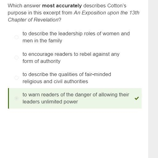 Which answer most accurately describes Cotton’s purpose in this excerpt from An Exposition-example-1