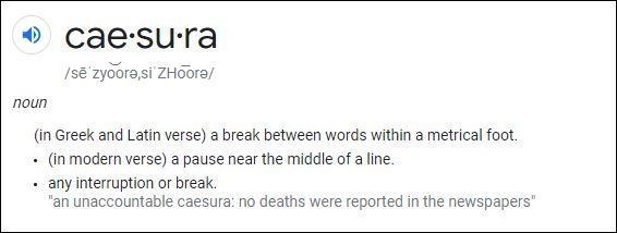 In poetry, a caesura is defined as? A. a natural pause in a poetic line. B. a rhyme-example-1