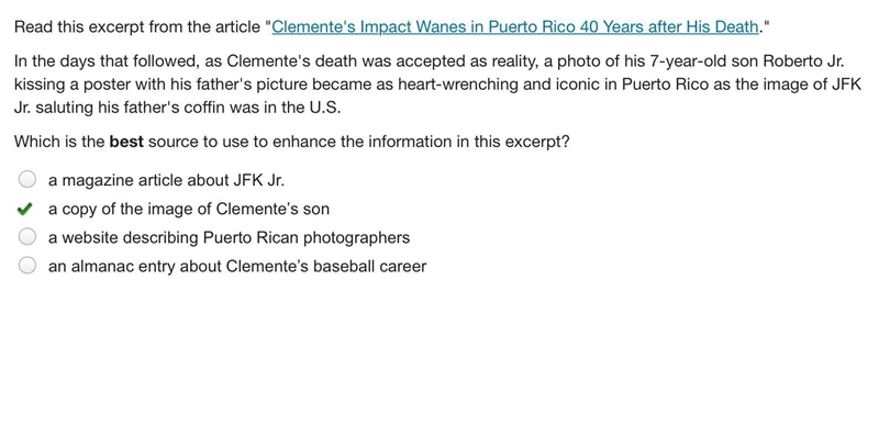 Read this excerpt from the article "Clemente's Impact Wanes in Puerto Rico 40 Years-example-1