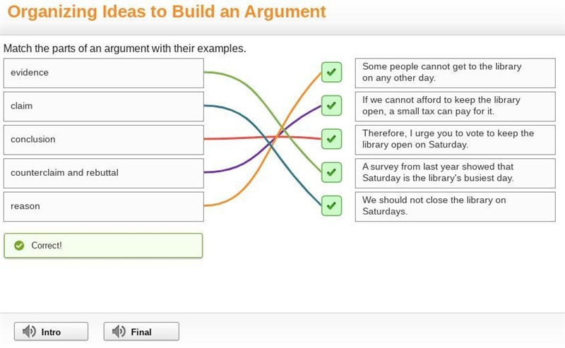 Match the parts of an argument with their examples.-example-1