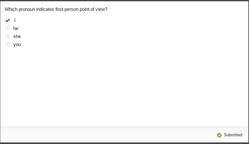 Which pronoun indicates first-person point of view? I he she you-example-1