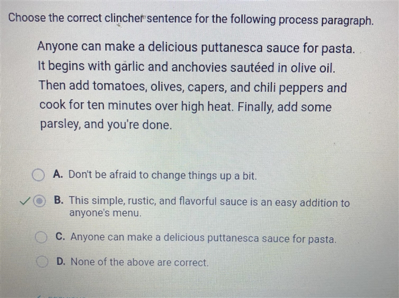 PLEASE HELP. IM STRUGGLING:( Choose the correct clincher sentence for the following-example-1