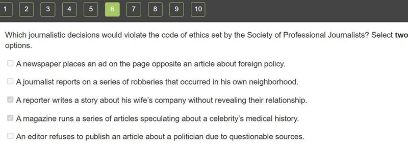 Which journalistic decisions would violate the code of ethics set by the Society of-example-1