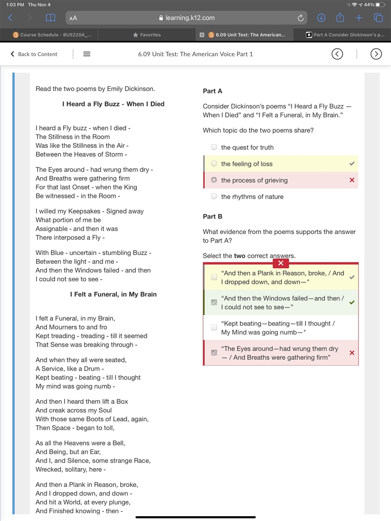 Part A Consider Dickinson's poems “I Heard a Fly Buzz —When I Died” and "I Felt-example-1