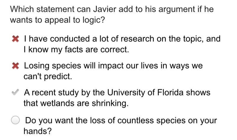 Which statement should Javier add to his argument if he wants to use an emotional-example-1