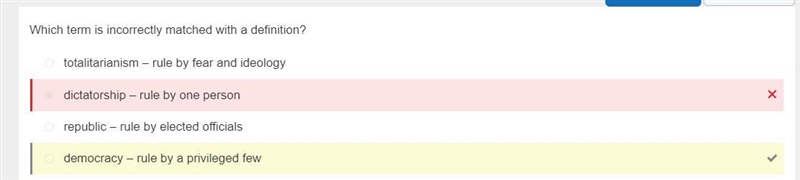 PLS HELP! Which term is incorrectly matched with a definition? republic – rule by-example-1