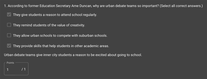 1. According to former Education Secretary Arne Duncan, why are urban debate teams-example-1