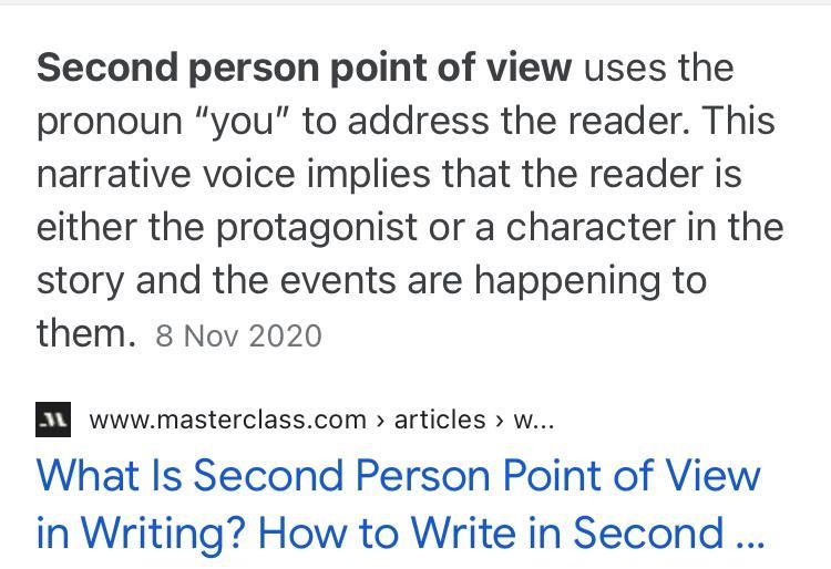 Please answer: Second-person point of view features A.)the narrator speaking directly-example-1