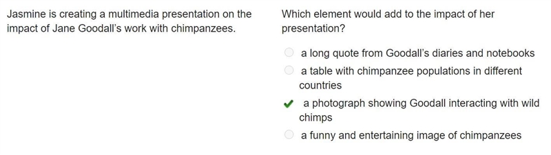 Jasmine is creating a multimedia presentation on the impact of Jane Goodall’s work-example-1