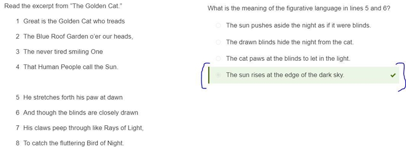 Read the excerpt from “The Golden Cat.” Great is the Golden Cat who treads The Blue-example-1