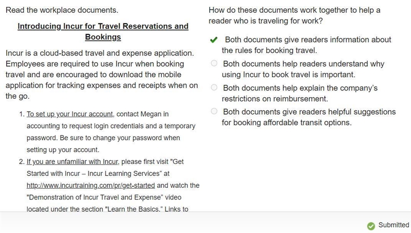 How do these documents work together to help a reader who is traveling for work? Both-example-1