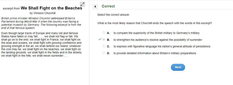 Select the correct answer. What is the most likely reason that Churchill ends the-example-1