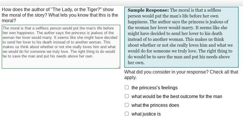 How does the author of "The Lady, or the Tiger?" show the moral of the story-example-1