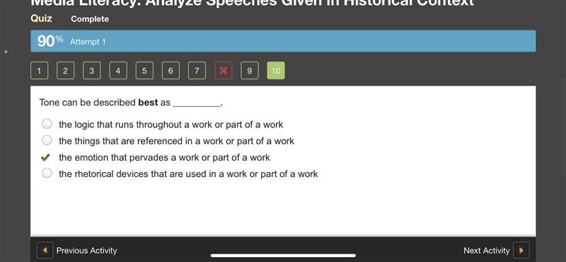 Tone can be described best as O the logic that runs throughout a work or part of a-example-1