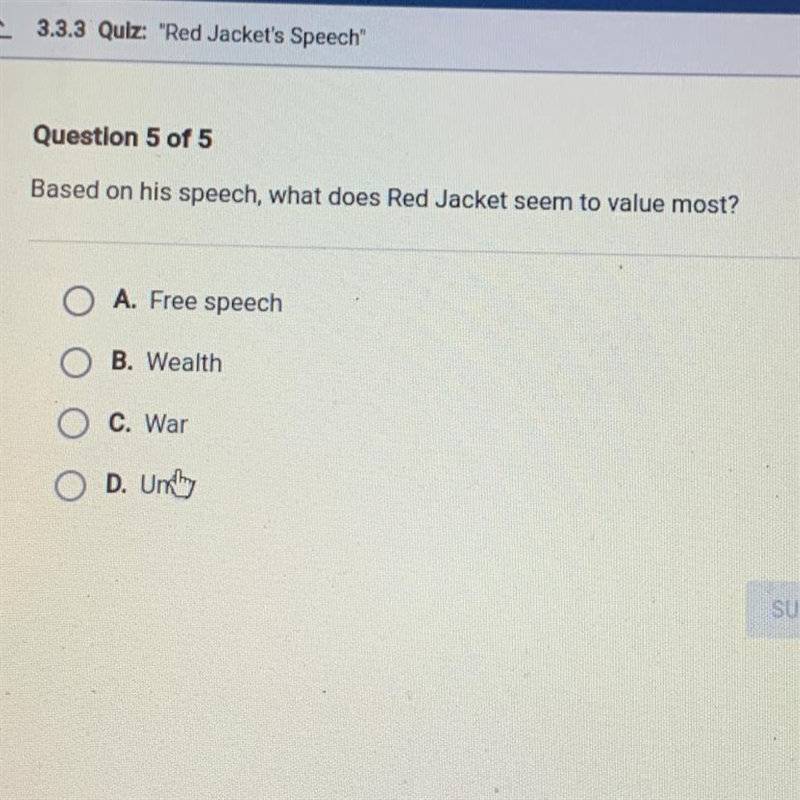 Based on his speech, what does Red Jacket seem to value most? A. Free speech B. Wealth-example-1
